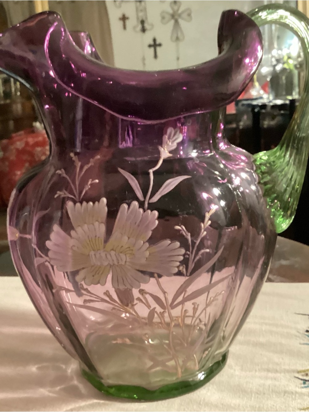 Purple Glass Floral Pitcher with Green Handle - Decorative Vase